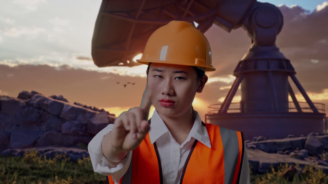 Close Up Of Asian Female Engineer With Safety Helmet Disapproving With No Index Finger Sign While Standing With Large Satellite Dish