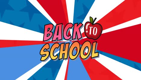 Animation-of-back-to-school-text-with-apple-over-rotating-radiating-red,-white-and-blue-lines