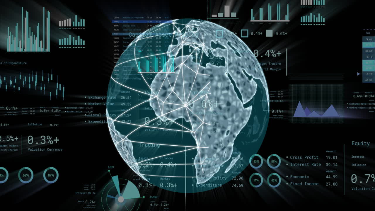 Global network connections and financial data processing animation over digital globe