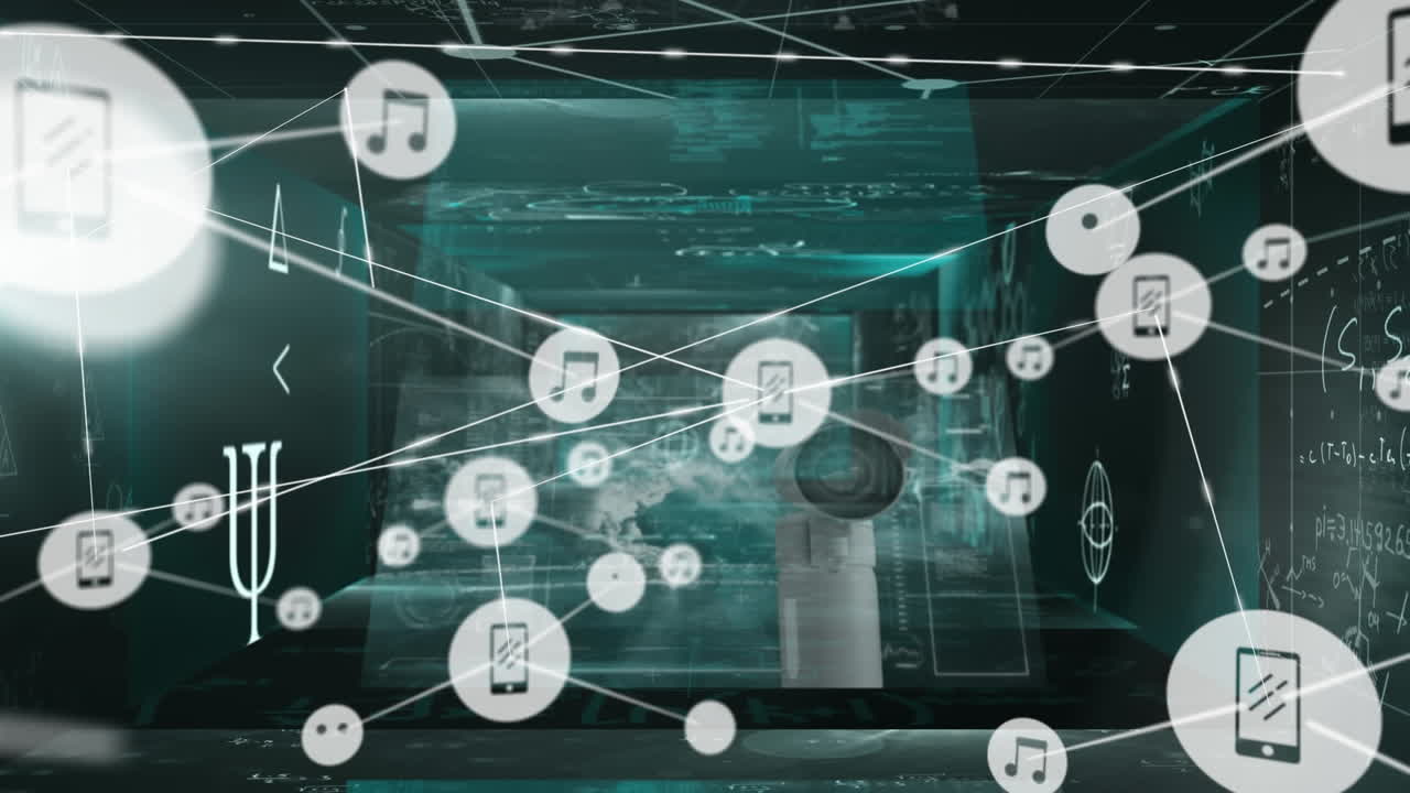 animación de iconos conectados con líneas a través de múltiples interfaces infográficas.