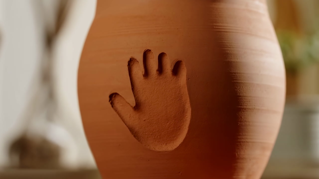 Closeup Clay Vase With Handprint Pressed Into Surface, Warm Studio Light Accentuates Textured Terracotta,