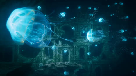 bioluminescent jellyfish among ancient underwater ruins