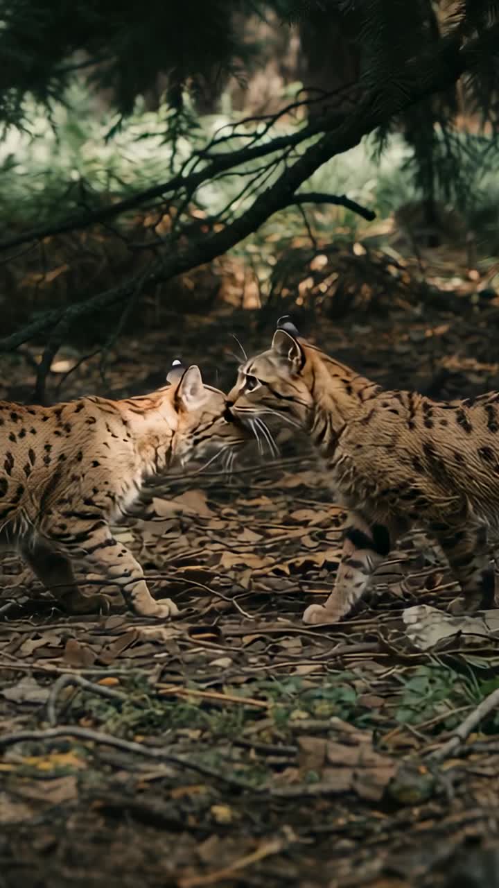 Vertical video: Facing each other, two spotted cats greeting by sniffing muzzles on leaf litter