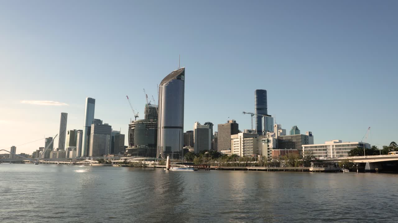Wide view of Brisbane City from Southbank in the afternoon light, Queensland, Australia