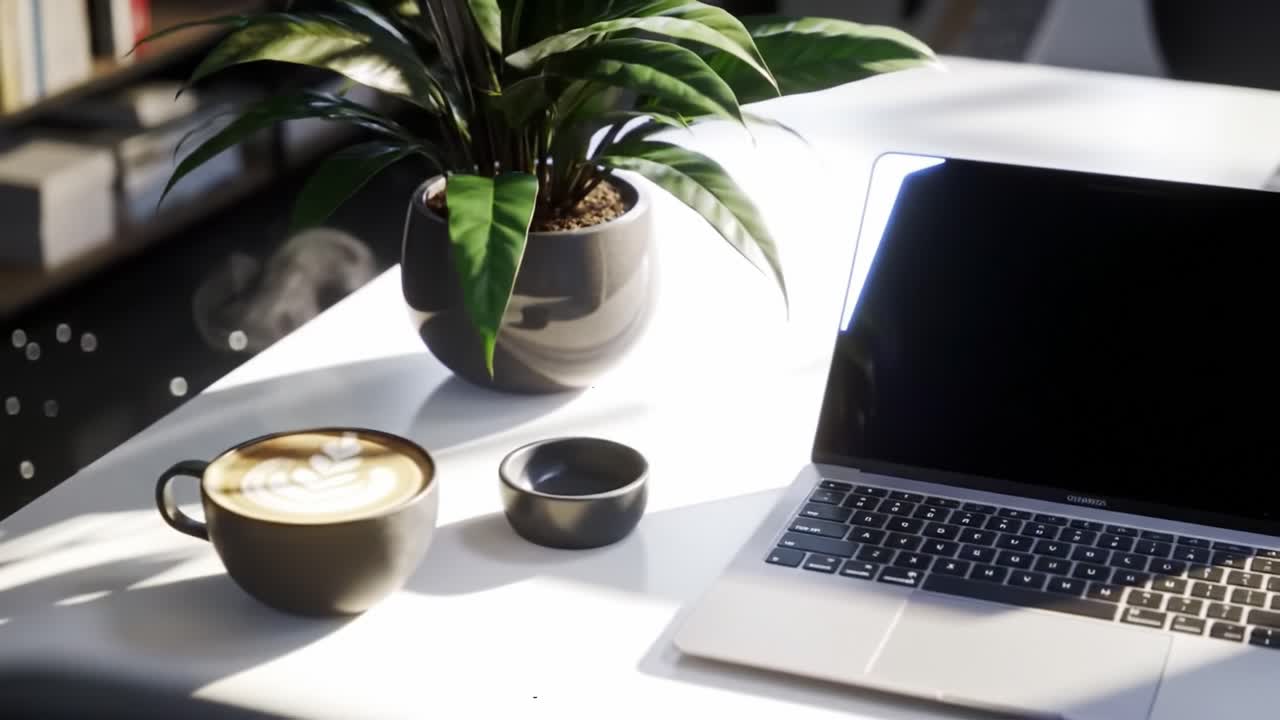 A Cozy Workspace with a Coffee Cup and a Green Plant on a Minimalist Desk, Featuring a Laptop and a Small Bowl, Perfect for Productivity and Relaxation