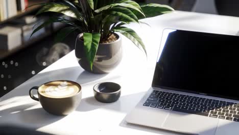 a cozy workspace with a coffee cup and a green plant on a minimalist desk, featuring a laptop and a small bowl, perfect for productivity and relaxation