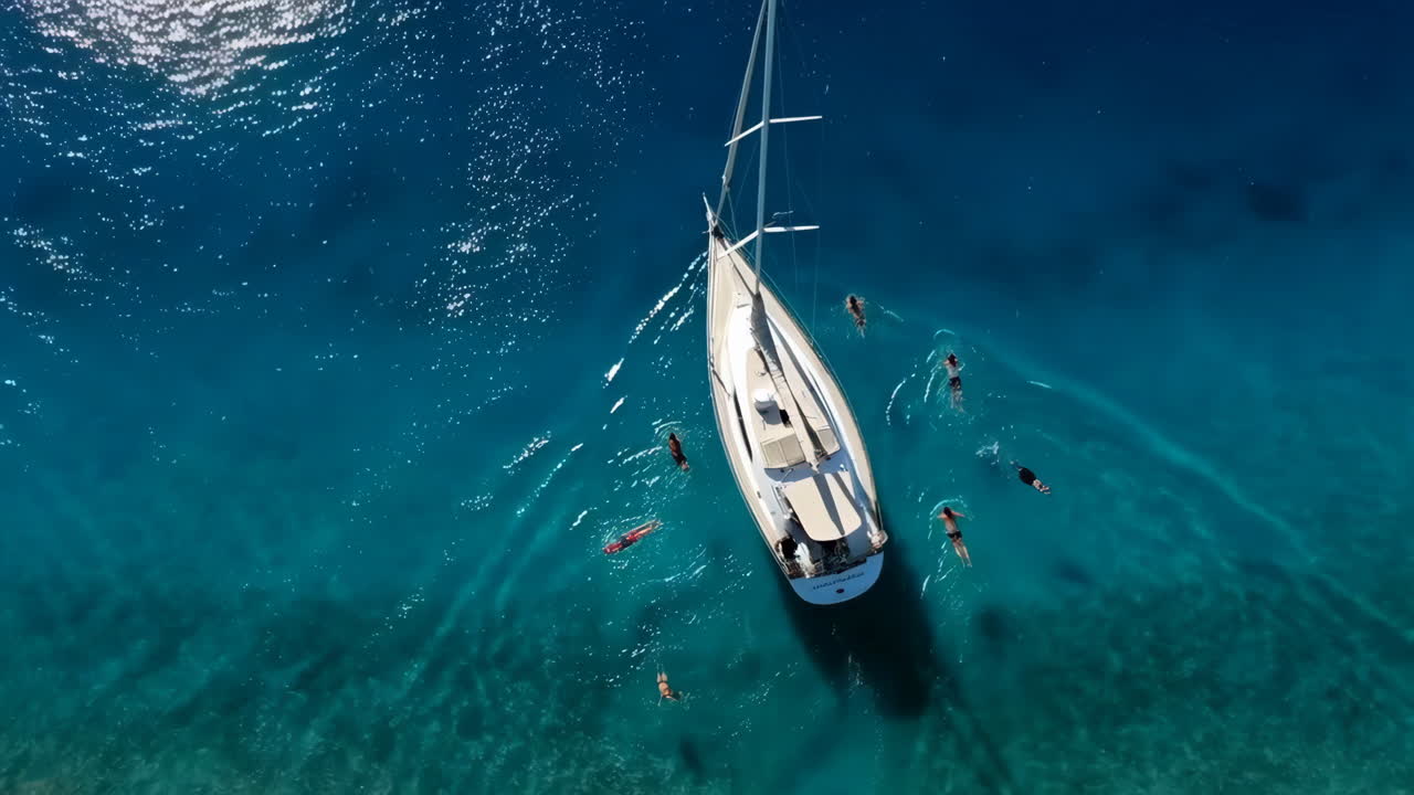 Aerial view of a sailboat and people swimming in crystal clear blue waters
