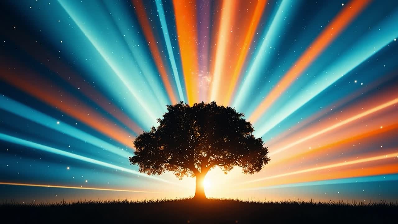 Sunrise or Sunset over Tree with Star Rays