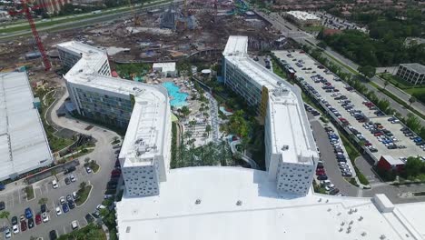 Aerial-of-the-retro-themed-Universal's-Cabana-Bay-beach-Resort-in-Orlando,-Florida