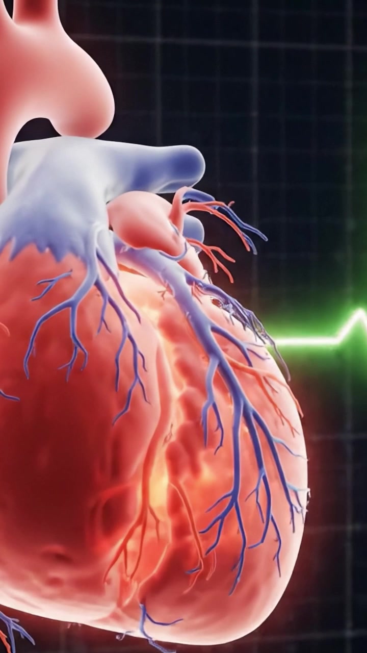 A Stunning 3D Visualization of the Human Heart, Highlighting Its Intricate Structure, Blood Vessels, and Vital Signs Graph Representations of Heartbeat Activity