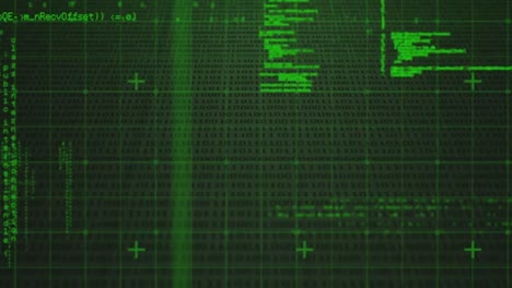 animation of digital data processing over grid on green background