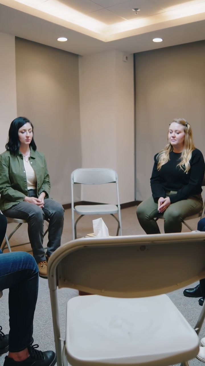 Vertical video: Starting session two women sitting in small room, with empty chair and tissue box