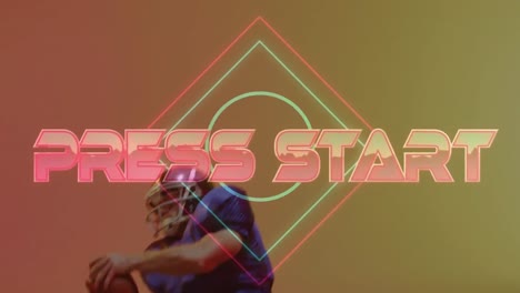 Animation-of-press-start-text-over-american-football-player-and-neon-diamonds