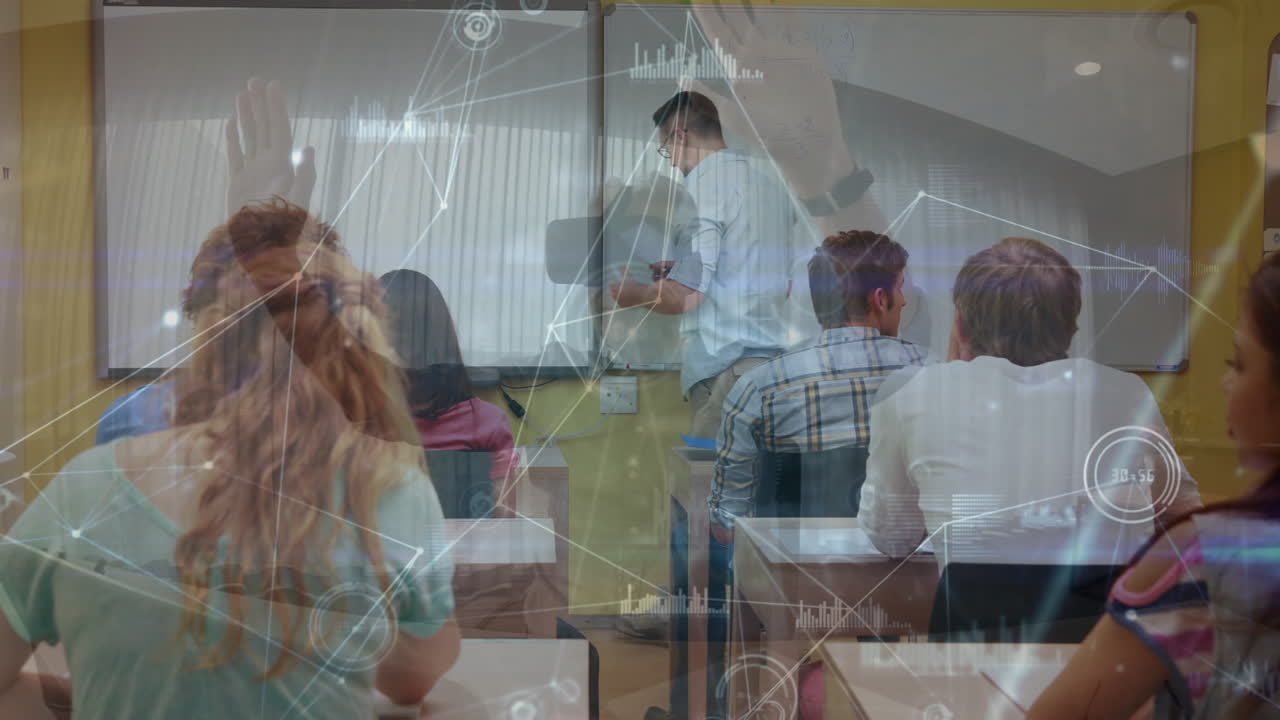 animación de conexiones entre el maestro masculino caucásico y la clase de alumnos diversos