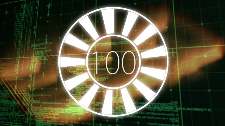 Animation of scope scanning with growing number over data processing and shapes on black background