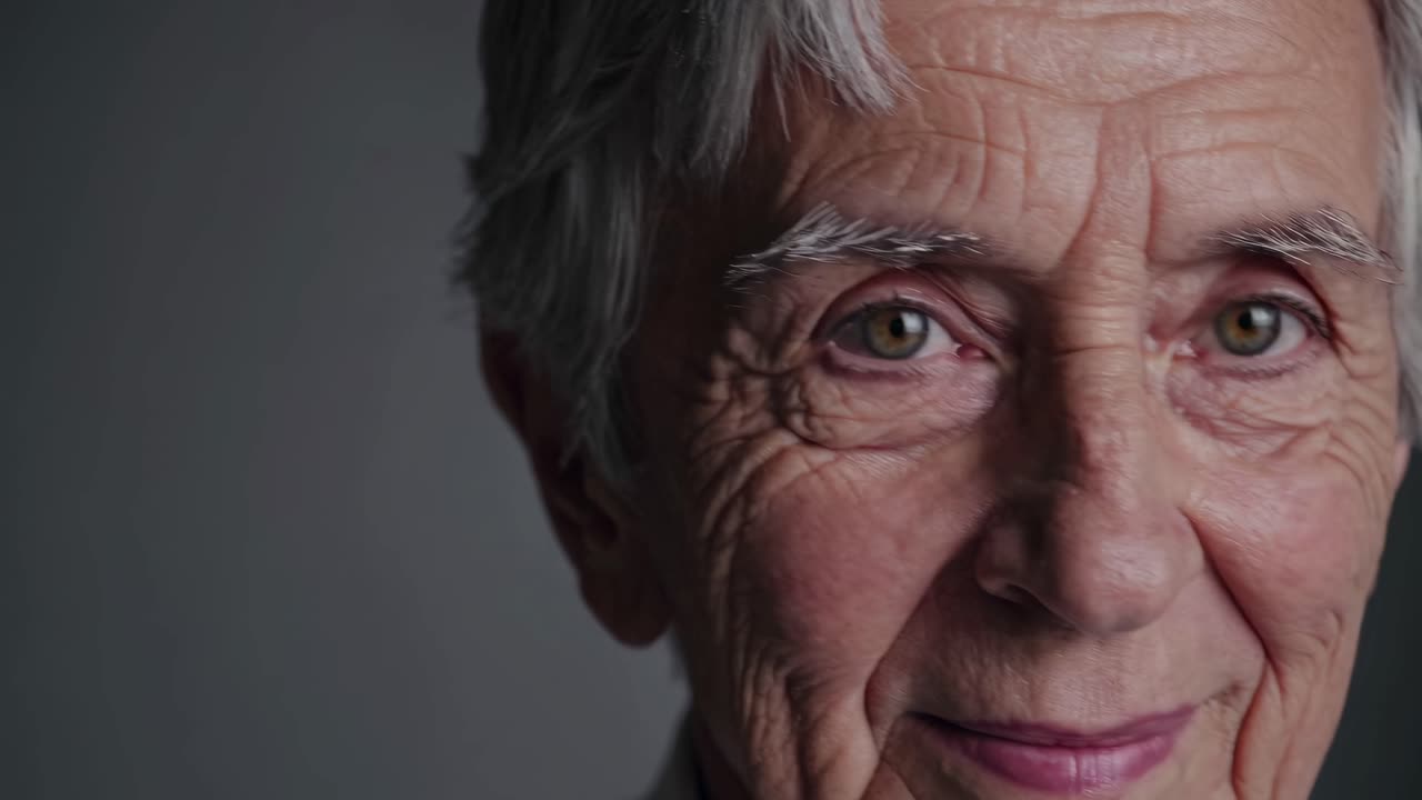 Close-up video shot of an elderly man's face, capturing detailed wrinkles and expressive eyes