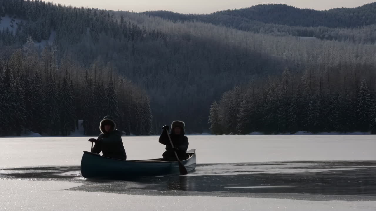 Two People Canoeing on a Partially Frozen Lake in a Winter Landscape