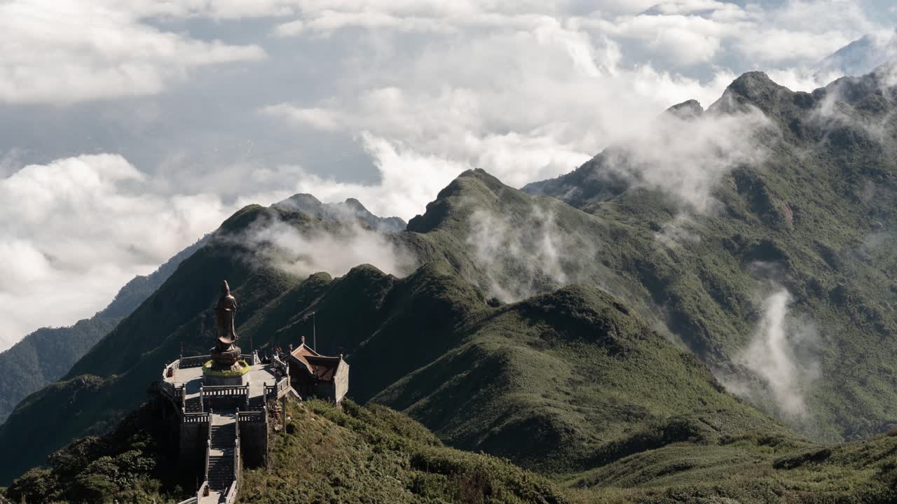 Mountainous Landscape with Temple and Statue in Vietnam