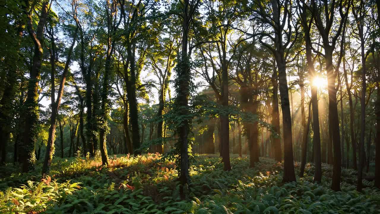 Sunlight filters through a lush forest canopy, captured at a low angle