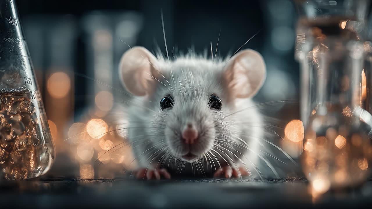 Un curioso topolino bianco in un laboratorio, circondato da vetreria e attrezzature scientifiche, che esplora con entusiasmo il suo ambiente in un accattivante primo piano