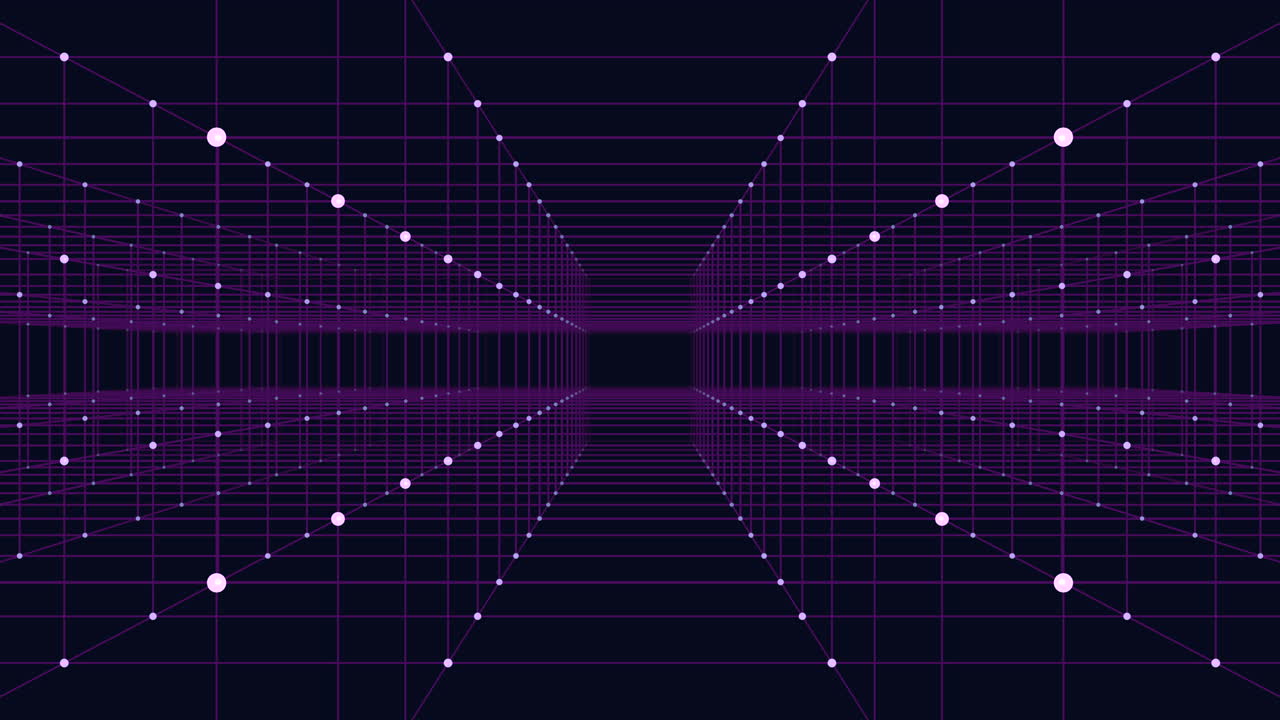 Futuristic neon grid tunnel with glowing nodes, abstract technology background