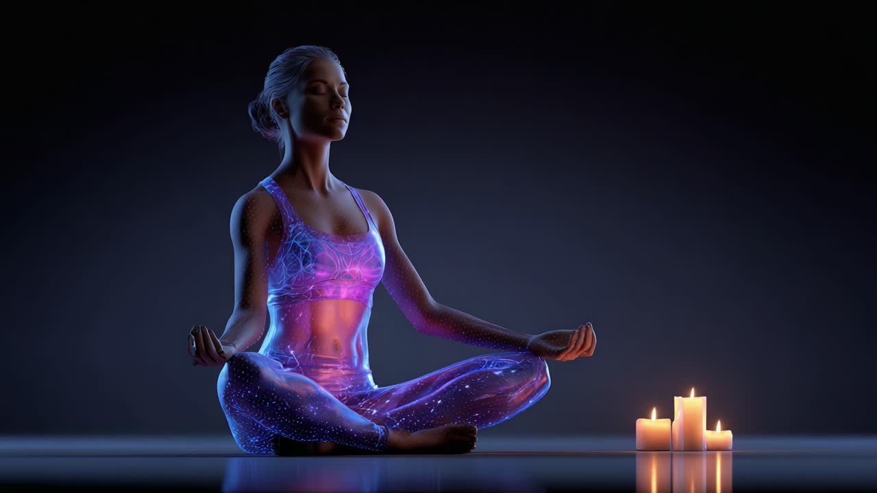 A Meditative Journey: A Serene Woman in a Cosmic Outfit Sitting in Lotus Position Surrounded by Calming Candles Amidst a Dark, Tranquil Environment