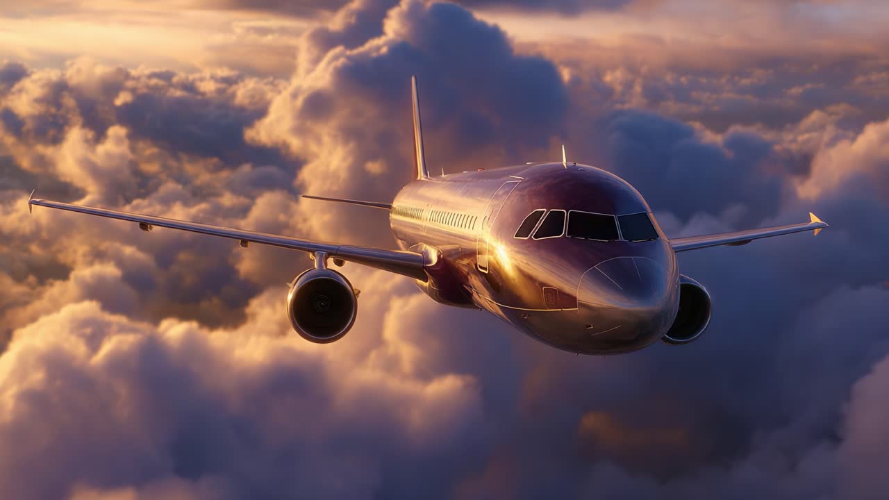 Ein elegantes zweimotoriges Flugzeug schwebt bei Sonnenuntergang durch majestätische Wolken und präsentiert dynamische Beleuchtung und eine atemberaubende Luftperspektive in einem wunderschönen Himmel