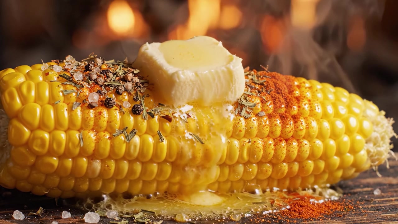 Heerlijk Gegrilde Maïskolf met Gesmolten Boter, Kruiden en Specerijen Eroverheen Gedruppeld, Klaar om Geserveerd en Genoten te Worden door Liefhebbers van Lekker Eten.