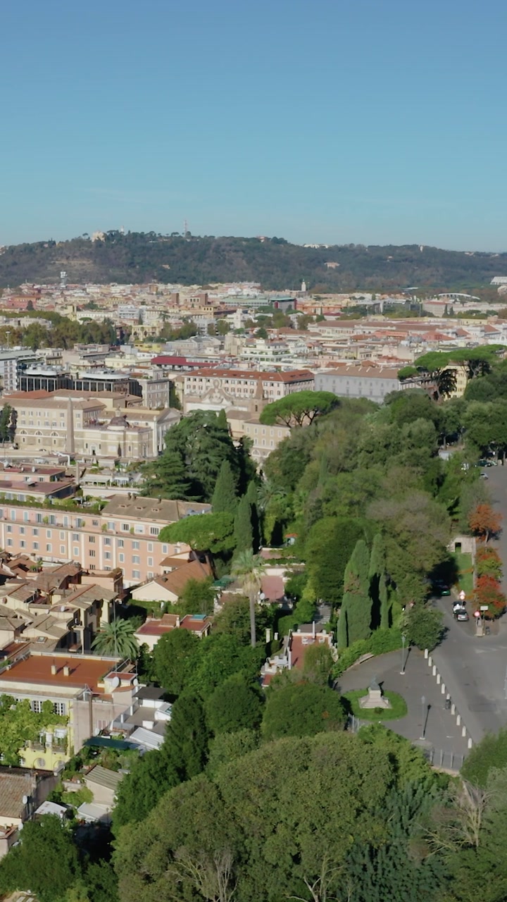 Vertical Drone View of Rome with Green Parkland and Residential Districts. Scenic View of Historic Italian Capital with Tree Lined Roads and Mediterranean Architecture.