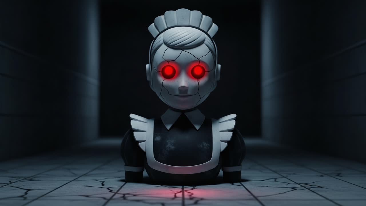 A Sinister Animated Doll with Red Eyes in an Eerie Corridor, Capturing an Atmosphere of Dread and Mystery Amidst Cracked Flooring and Shadows