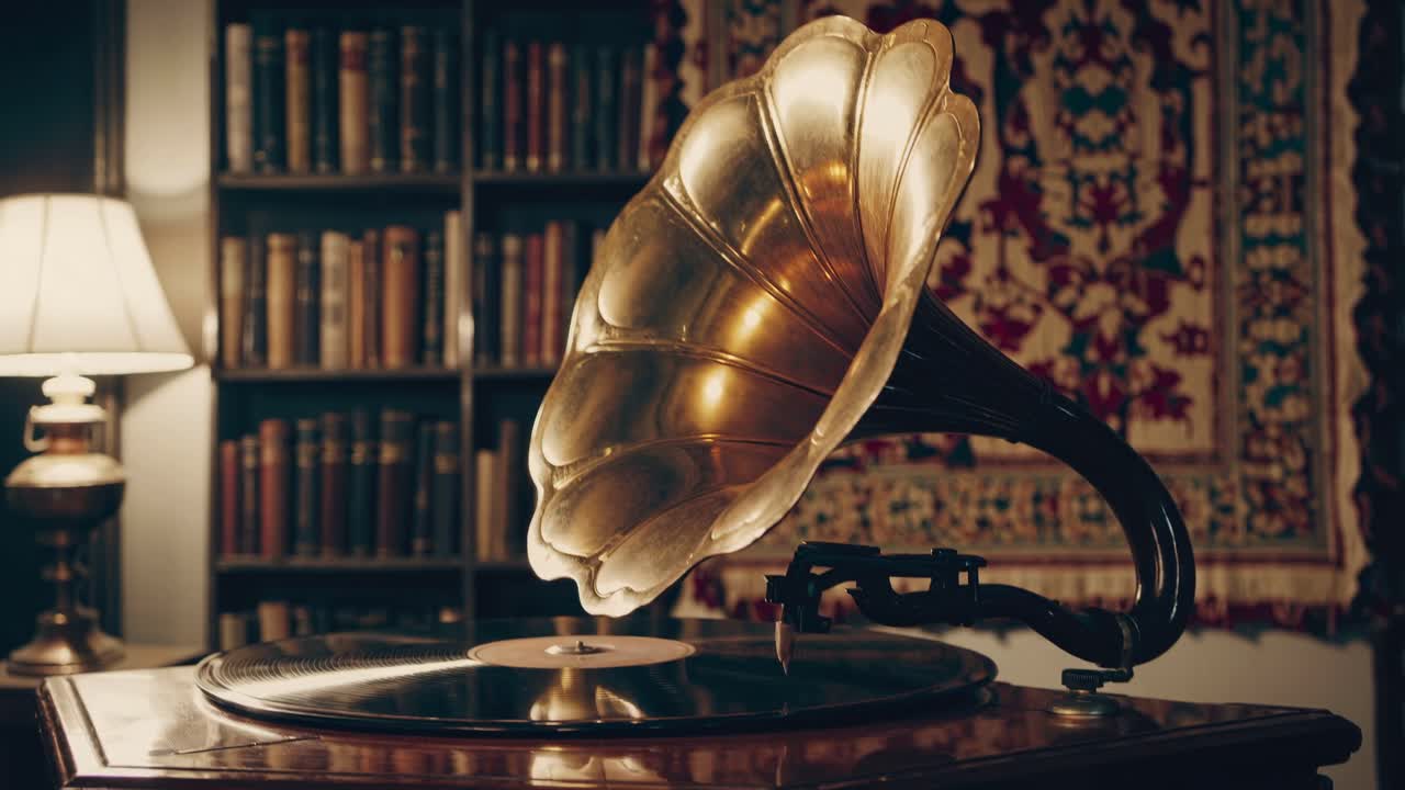 Grammofono vintage in un'accogliente biblioteca, catturato da un angolo laterale