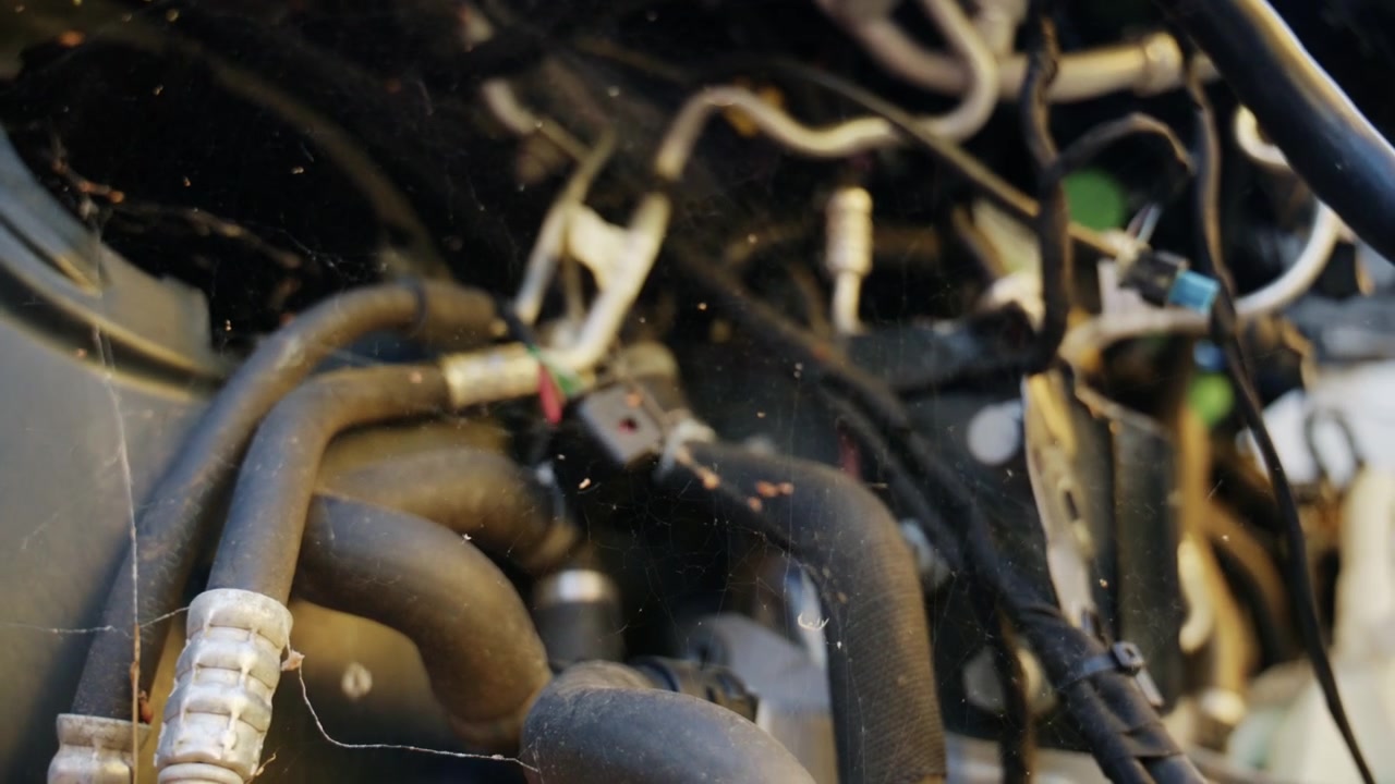 Detailed close up of dusty automotive wiring, hoses, and mechanical components inside a damaged vehicle