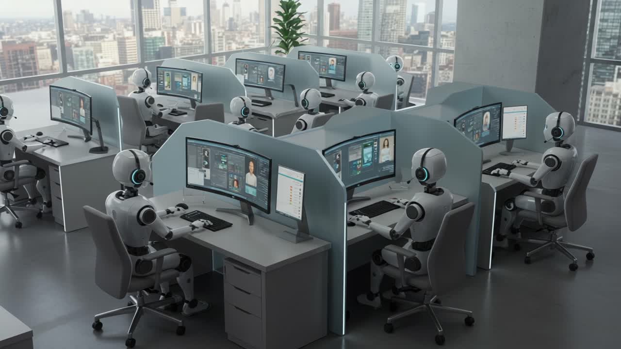 Futuristic Office Environment with Humanoid Robots Engaged in Virtual Interactions at Workstations Surrounded by Urban Cityscape