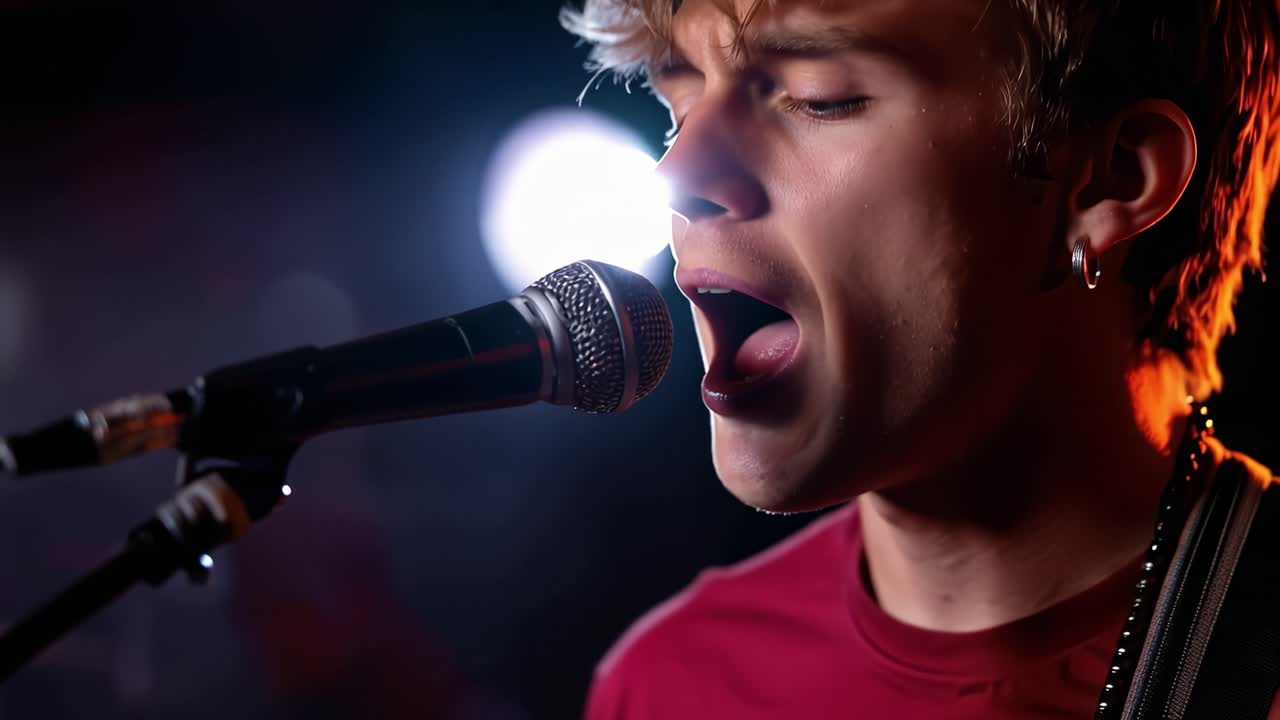 Young Man Singing Passionately into Microphone on Stage
