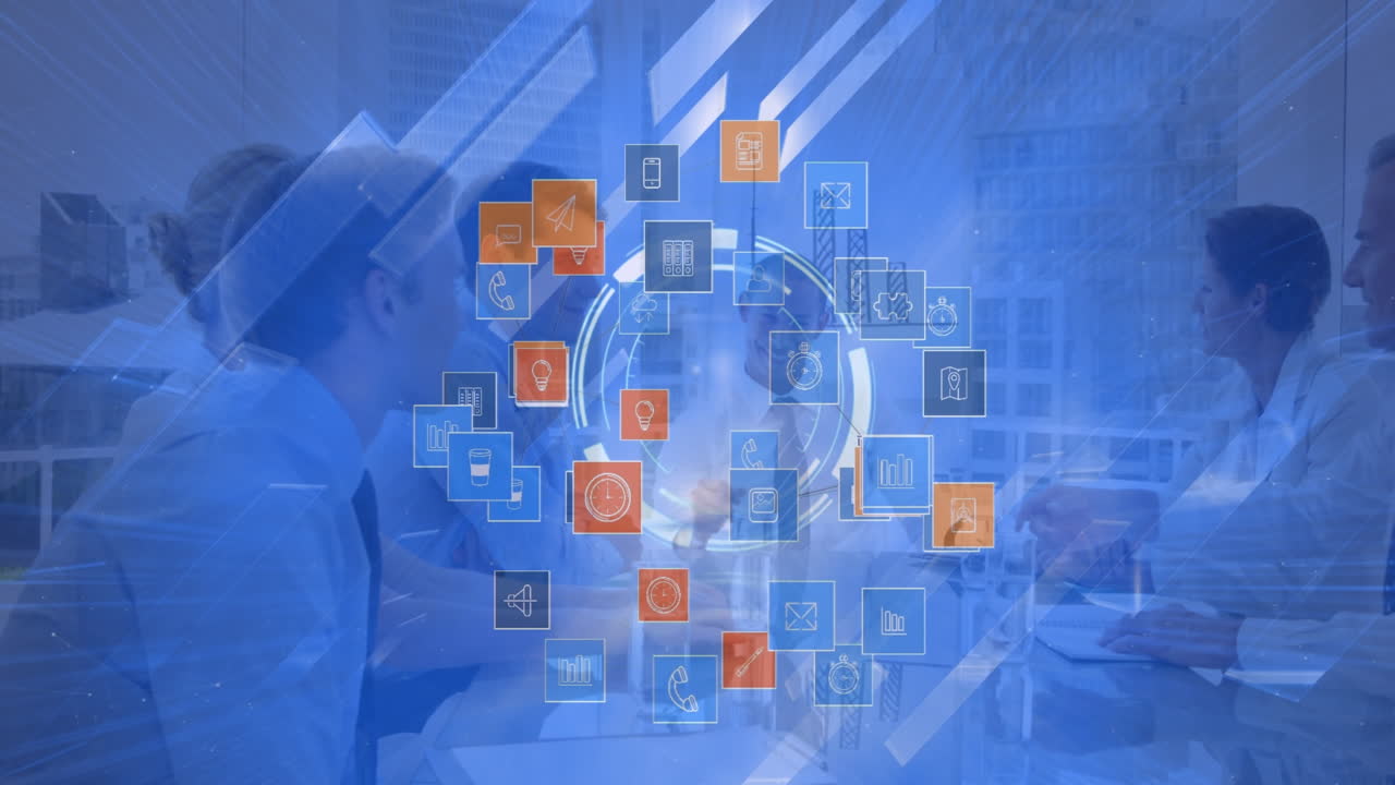 animación de iconos digitales sobre escáner redondo contra diversos empresarios que se dan la mano en la oficina