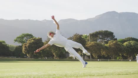 jugador de cricket atrapando la pelota en el campo