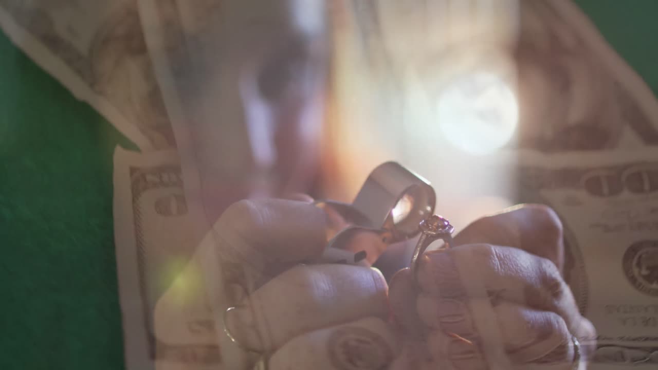 여자 금공이 떨어지는 달러 위에 반지를 확인하는 애니메이션