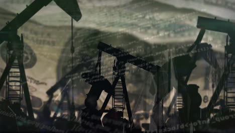 animation of financial data processing over oil rig and american dollar bill