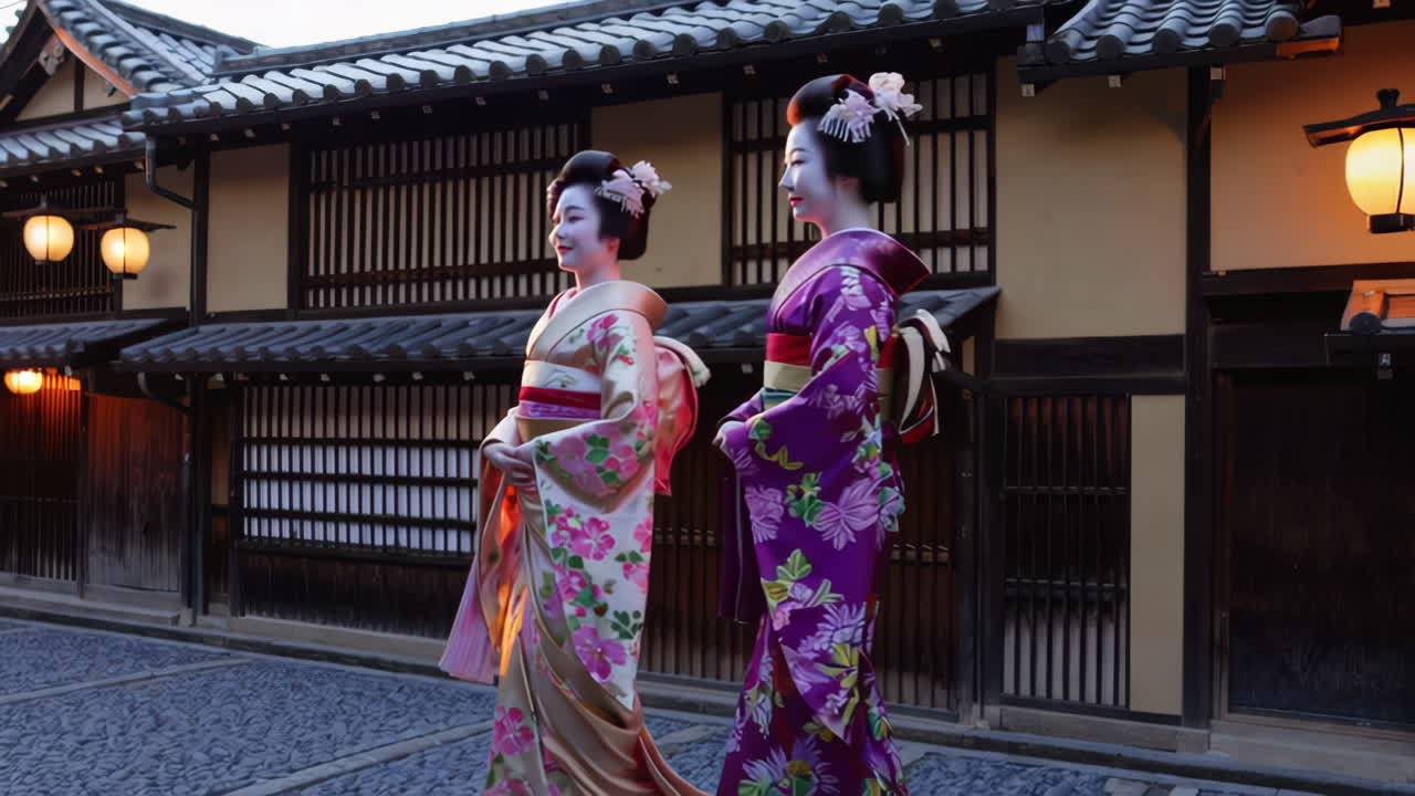Geishas in Traditional Kimonos in a Japanese Town