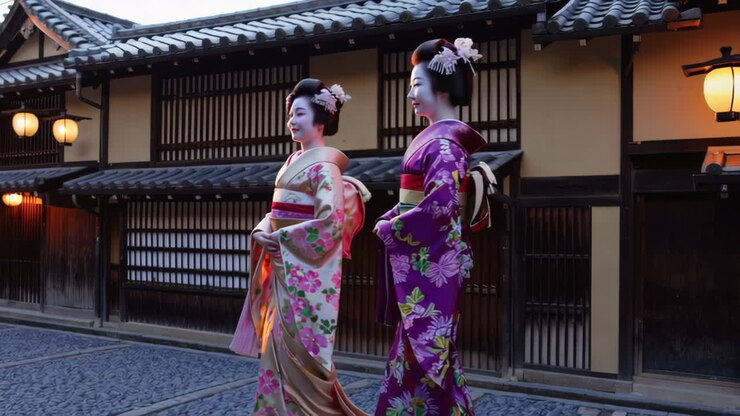 Geishe in Kimono Tradizionali in una Città Giapponese