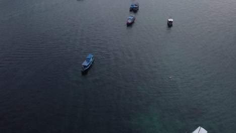 Toma-Aérea-De-Drones-De-Los-Barcos-De-Buceo-En-El-Puerto-Al-Atardecer-En-Koh-Tao,-Tailandia,-En-El-Sudeste-Asiático.