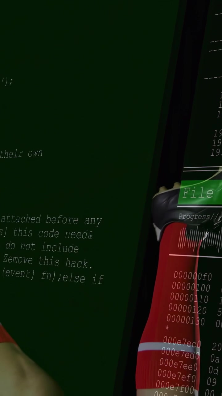 Video vertical: Hombre desliza su brazo derecho enguantado por la terminal, el monitor se activa y expone un hexágono tecnológico.
