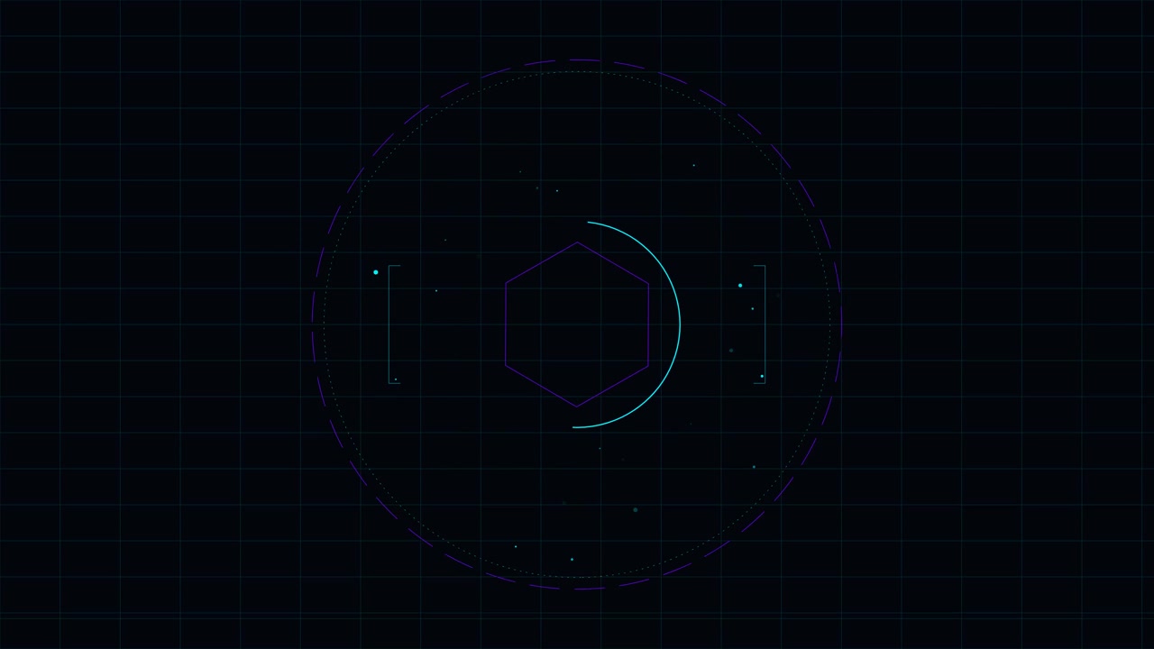 Abstract Digital HUD Interface with Rotating Hexagon and Particles