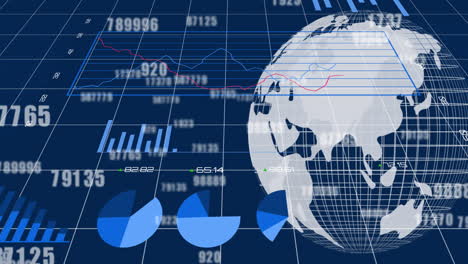 multiple increasing numbers and statistical data processing over grid lines against spinning globe