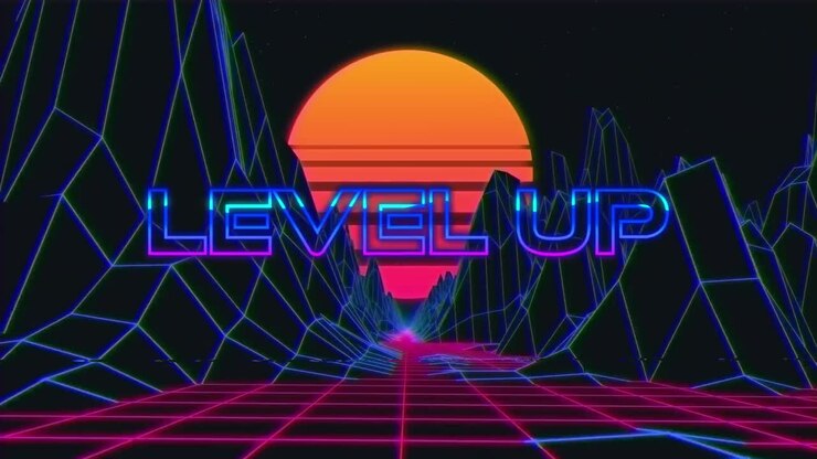 Animation vintage video game screen with words level up written