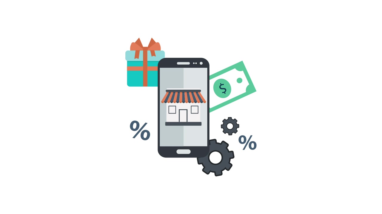 App mobile di e-commerce con ingranaggi, sconti e regali