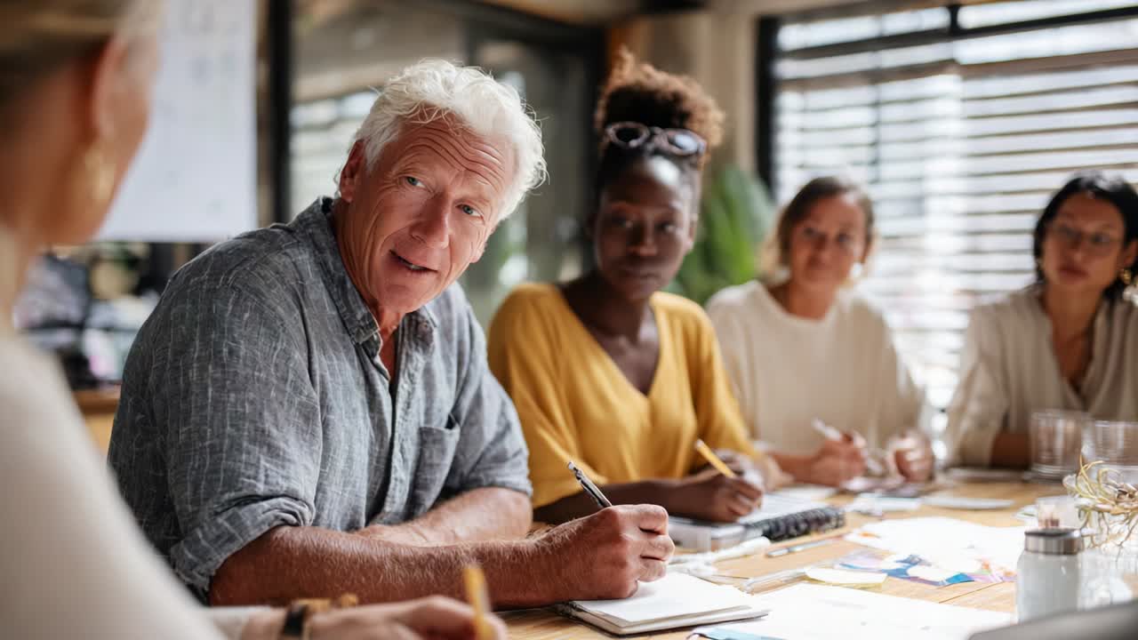 Una riunione di team produttiva che mostra diversi partecipanti impegnati in discussioni, prendendo appunti e generando idee, evidenziando la collaborazione, la creatività e lo scambio di idee in uno spazio di lavoro moderno.