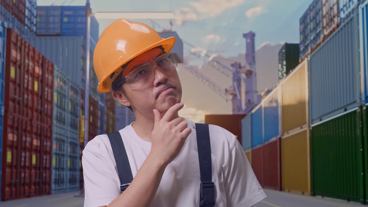 Close Up Of Asian Man Worker Wearing Goggles And Safety Helmet Thinking And Looking Around Then Raising His Index Finger While Standing At Container Yard Warehouse