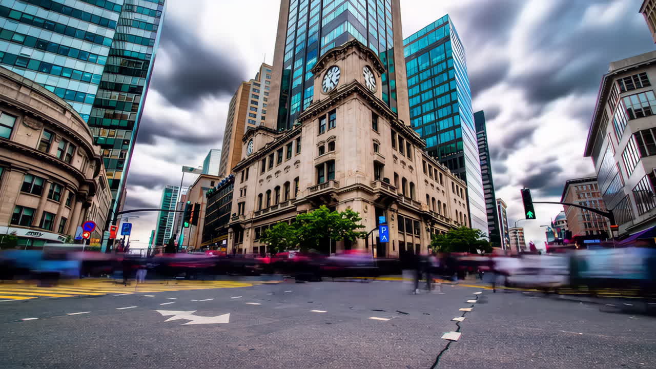 Busy City Intersection with Skyscrapers and Old Building