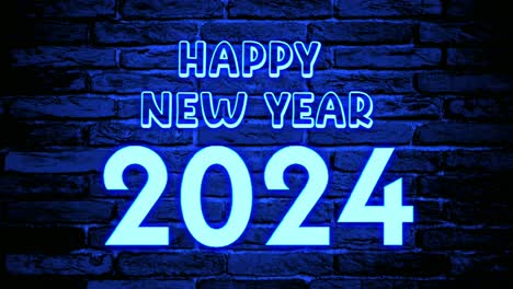 neon blue happy new year 2024 text animation motion graphics on brick wall background